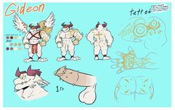 1boy 3_eyes abs angel ass axe balls biceps clothing cross elfein english_text erection fangs feathered_wings feathers flaccid gideon_(character) halo hi_res horn loincloth male male_only melee_weapon model_sheet multi_eye muscular nipples pecs penis scalie solo tailless tattoo text vein veiny_penis weapon wings