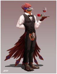 2018 alcohol amon-sydonai anthro avian balls beverage bird bow_tie butler chastity chastity_belt claws clothed clothing cup flower furry looking_at_viewer male male_only open_pants penis plant plate solo topless wine