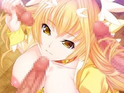 3boys blonde_hair breasts choker closed_mouth collarbone dodai_shouji female game_cg group_sex hairjob head_wings heart heart_choker large_breasts long_hair magical_girl multiple_boys nipples orange_neckwear penis penis_grab saijou_saeka shiny shiny_skin solo_focus totsuzen_kaijin_ken_jimuin_no_ore_ga_mahou_shoujo-tachi_wo_otosu upper_body wrist_cuffs yellow_eyes