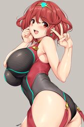 1girls ass big_breasts blush breasts cleavage competition_swimsuit erect_nipples female female_only large_breasts looking_at_viewer nintendo one-piece_swimsuit open_mouth pyra solo swimsuit tony_guisado xenoblade_(series) xenoblade_chronicles_2