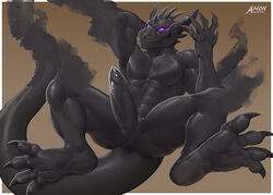 2018 amon-sydonai black_scales claws demon dragon dripping erection glowing glowing_eyes looking_at_viewer male male_only muscular nude penis precum scales scalie solo vaan