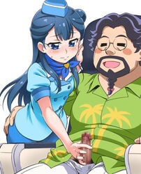 1boy afro age_difference ass_grab beard blue_eyes blue_hair blush bow censored closed_eyes clothing daigan erection facial_hair female glasses goatee grabbing_another's_ass groping hair_bun hairbow hand_on_ass handjob hat hugtto!_precure long_hair male_pubic_hair mosaic_censoring moustache open_mouth penis precure pretty_cure pubic_hair sitting skirt smile solo_focus straight uniform yakushiji_saaya youkan