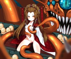 blush breasts brown_hair censored clothes_removed dungeon_and_fighter dungeon_fighter_online egg eyebrows_visible_through_hair female hair_ornament heart heart_censor highres jinani kneeling long_hair lotus_(dungeon_and_fighter) monster nipples princess princess_vega_erje_von_philasia small_breasts tentacle