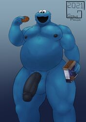 2021 absurd_res balls bara belly big_belly black_flesh black_nipples black_penis blue_body blue_fur chubby cookie_monster fur genitals gosui half-erect hi_res humanoid_genitalia humanoid_penis looking_at_viewer male monster muscular nipples penis sesame_street smile solo