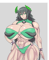 1girls abs belly bikini bikini_armor black_sclera bracelet breasts cameltoe cleavage clothed extreme_muscles female female_only gigantic_breasts green_eyes green_hair hand_on_hips horns huge_breasts midriff muscles muscular_female original pussy tail thick_thighs underboob wide_hips zetarok