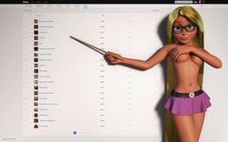 1girls 3d artist_name bare_shoulders belt big_breasts blonde_hair busty cleavage clothing covering covering_breast covering_breasts curvy detailed_background disney english_text eyelashes female female_only front_view glasses green_eyes half-dressed half_dressed holding_object hourglass_figure human indoors inside kondaspeter long_hair looking_at_viewer miniskirt no_bra pink_skirt pose posing princess rapunzel room royalty shadow shiny shiny_skin skirt solo standing tangled text topless very_long_hair voluptuous wide_hips yellow_hair