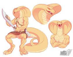 2018 albino animal_genitalia anthro biceps claws clothing cobra crossed_arms fangs genital_slit grin holding_sword long_tail looking_at_viewer male model_sheet mostly_nude muscular muscular_male open_mouth pecs polishing red_eyes reptile scales scalie simple_background sitting slit smile snake snake_hood solo thick_tail tongue tongue_out vallhund white_background white_scales