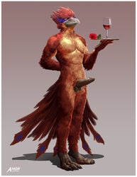 2018 alcohol amon-sydonai avian balls beverage butler claws clothed clothing cup erection feathers flower looking_at_viewer male male_only nude penis plant plate solo topless wine