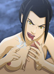 avatar_the_last_airbender azula black_hair breasts female holding_penis laying_down lightning_bolt looking_at_viewer male medium_breasts naked nipples partial_male penis saliva saliva_on_penis saliva_trail short_hair smiling tongue tongue_out vestrille yellow_eyes