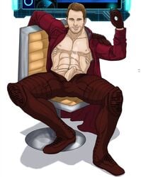 1boy abs ball_bulge beard_stubble blue_eyes brown_hair chair chris_pratt cum cum_on_chest erection facial_hair guardians_of_the_galaxy half-dressed human male male_nipples male_only manly marvel muscles muscular_male pecs penis penis_out peter_quill science_fiction shaved_crotch sitting six_pack smooth_penis smooth_skinned_male solo starlord stubble superhero uniform