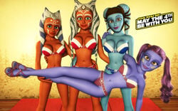 3d 4girls aayla_secura ahsoka_tano alien alien_girl artist_name bald bare_shoulders belt big_breasts bikini bikini_bottom bikini_top blue-skinned_female blue_eyes blue_skin busty cleavage clone_wars curvy detailed_background eyelashes female female_only freckles front_view grab grabbing group hand_on_hip hands_on_hip hands_on_hips headgear hourglass_figure humanoid indoors inside jedi jedi_master jedi_padawan kondaspeter long_hair looking_at_viewer lying mammal midriff multiple_females multiple_girls orange_skin pantoran pose posing purple_lips riyo_chuchi room shadow shiny shiny_skin standing star_wars star_wars_rebels swimsuit thong tied_hair togruta twi'lek twintails voluptuous wide_hips yellow_eyes