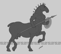 2019 abs animal_genitalia balls equid equid_taur equine equine_taur fully_sheathed greyscale hooves horse horse_taur laser_(artist) male male_only mammal mammal_taur melee_weapon monochrome muscular muscular_male nude polearm sheath shield sketch solo spear taur weapon