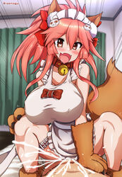 1boy 1girls :d animal_ears apron blush bow breasts brown_eyes cat_ears cat_hair_ornament clothed_female_nude_male clothed_sex cowgirl_position cum cum_in_pussy curtains emphasis_lines fate/grand_order fate_(series) female female_orgasm fur gloves hair_ornament hairbow heart heart-shaped_pupils heart_in_eye huge_breasts human interspecies isemagu large_breasts long_hair looking_at_viewer male_pov on_top open_mouth orgasm overflow paw_gloves paws pink_hair pov raised_eyebrows red_bow red_collar sex shiny shiny_hair smile squatting straddling straight symbol_in_eye tail tamamo_cat tamamo_no_mae_(fate) text trembling vaginal_penetration watermark wet white_apron