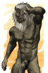 2018 amon-sydonai anthro clothed clothing feline flaccid lion looking_at_viewer male male_only mammal mane marbas muscular nipples penis solo topless