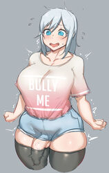 1futa balls black_legwear blue_eyes blush breasts bursting_breasts embarrassed english erection erection_under_clothes exposed exposed_balls exposed_penis farah_(natedecock) flying_sweatdrops futa_only futanari highres huge_breasts ineffective_clothing natedecock open_mouth original overweight overweight_futanari penis penis_bulge penis_out penis_under_clothes plump presenting short_hair shorts silver_hair sweat thick_thighs thighhighs thighs trembling veins veiny_penis