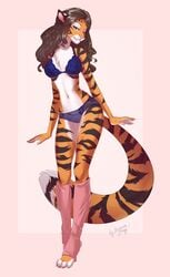 2017 4_toes alex_marx alexthecatte anthro ariannafray_pr bra breasts chest_tuft claws clothed clothing countershading digital_media_(artwork) fangs feline female fluffy fluffy_tail front_view fur green_eyes hair half-closed_eyes hi_res leg_warmers legwear long_hair mammal midriff multicolored_fur navel orange_fur panties paws pose pussy solo standing striped_fur stripes tiger toe_claws toeless_(marking) toes translucent transparent_clothing tuft two_tone_fur underwear whiskers white_countershading