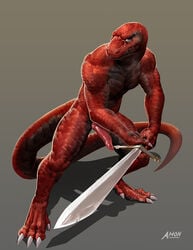 2018 amon-sydonai blue_eyes claws erection komodo_dragon lizard looking_at_viewer male male_only melee_weapon monitor_lizard muscular nude penis red_scales reptile scales scalie solo sword weapon yagaru