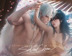 1girls aged_up black_hair canon_couple censored inuyasha male rin_(inuyasha) sakimichan sesshoumaru straight white_hair