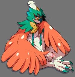 1boy abs anthro avian beak big_feet crossed_legs cum_drip decidueye dripping feet furikake grey_background hand_on_penis holding_penis humanoid_penis large_penis looking_at_viewer male male_only muscular muscular_male nintendo penis pokémon_(species) pokemon pokemon_sm precum presenting red_eyes simple_background smile solo talons testicles uncut veins veiny_penis video_games watermark wings