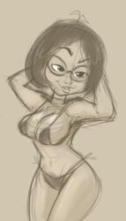 1girls big_breasts bikini black_hair breasts chase eyebrows female glasses hands_behind_head jmd monochrome my_giant_friend rough_sketch sketch swimwear