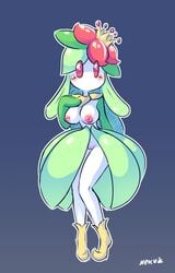 1girls breasts dress dress_slit female female_only flora_fauna hi_res humanoid inverted_nipples lilligant mouthless nekuzx nintendo nude open_dress open_skirt plant pokémon_(species) pokemon pokemon_bw pussy pussy_peek red_eyes solo text video_games watermark white_skin