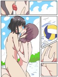 2girls ass bangs beach beach_volleyball black_hair blush breast_grab breast_press breasts brown_hair closed_eyes eyebrows_visible_through_hair grabbing groping hand_on_face harukana_receive higa_kanata kissing low_twintails medium_breasts multiple_girls nude oozora_haruka_(harukana_receive) open_mouth outdoors sand short_hair sidelocks skindentation small_breasts tied_hair tongue_out twintails yuri