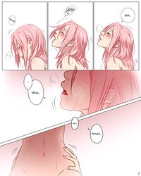 2girls blush closed_eyes cunnilingus female female_only hand_on_hip hand_on_waist hands_on_hips hyuuga_hinata moaning multiple_girls naruto nude open_mouth oral_sex pink_hair sakura_haruno samurai-pet short_hair slj solo_focus speech_bubble sweat text trembling yuri