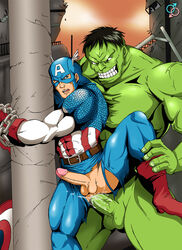 2boys anal anal_penetration anal_sex avengers battle big_penis bigger_dom blue_eyes captain_america captain_america's_shield captain_america_(series) chained chained_wrists circumcised clothed_male_nude_male costume cum_in_ass erect_while_penetrated erection gay green-skinned_male green_skin hulk hulk_(series) human leg_lift legs_held_open light-skinned_male light_skin male_only male_penetrated marvel marvel_comics orgasm_from_anal penis penis_size_difference ripped_clothing steve_rogers superhero thrusting_into_ass tied_up tight_clothes torn_clothes unwilling veiny_penis yaoi