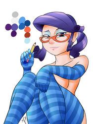 1girls blue_elbow_gloves blue_eyes blue_stockings breasts busty busty_rarity clothes color_palette elbow_gloves evening_gloves eyeshadow female female_only friendship_is_magic glasses gloves human humanized light_skin looking_at_viewer mrwes my_little_pony naked naked_gloves naked_stockings nude nude_female nudity pencil pink_lips purple_hair rarity_(mlp) smooth_skin socks solo stockings striped_socks thighhighs topless white_background