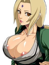 1girls areolae blonde_hair breasts busty clothes female huge_breasts human lipstick naruto nipple_slip raburebo shounen_jump source_request tsunade