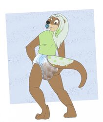 2015 clothed clothing diaper feces female fully_clothed furry hair hand_on_butt hand_on_diaper long_hair looking_back messy_diaper netto_(uk-brony) pacifier rear_view scat shirt simple_background solo standing tailbiter