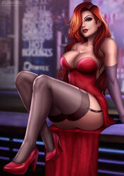 big_breasts breasts cleavage disney female female_only flowerxl garter_belt hair_over_one_eye high_heels jessica_rabbit large_breasts looking_at_viewer pinup red_hair solo thick_thighs thighhighs who_framed_roger_rabbit