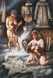 2girls basket big_areola big_ass big_breasts blonde_hair brown_hair cavewoman coat historical history holding_object incense light_skin loincloth multiple_girls palaeolithic partially_clothed prehistoric realistic slightly_chubby smoke thick_thighs tools weapon wide_hips workshop