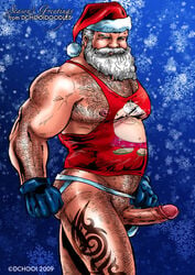 beard christmas dchooi erection facial_hair hairy holidays jockstrap male male_only ripped_clothing santa_claus santa_hat solo solo_male tattoo