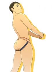 1boy ass haikyuu!! jockstrap kyon_(artist) male_focus sawamura_daichi smile solo tagme topless underwear