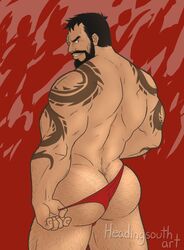 1boy 2017 arm_tattoo ass back back_muscles back_view bara beard black_hair body_hair brown_eyes bubble_ass bubble_butt cybernetic_eye cybernetics dat_ass facial_hair fighter hairy hairy_ass hairy_legs hairy_male headingsouth human human_only kano_(mortal_kombat) looking_at_viewer looking_back looking_over_shoulder male male_focus male_only mortal_kombat muscle muscles muscular muscular_back muscular_male red_background solo solo_focus solo_male tanline tattoo thong underwear underwear_only video_games