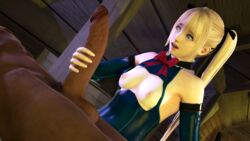 3d almightybeastoverlord areolae attic big_penis blonde_hair blue_eyes breasts dark-skinned_male dead_or_alive dead_or_alive_5 erection huge_cock interracial marie_rose nipples partially_clothed penis petite pubic_hair ribbon small_breasts source_filmmaker testicles twintails zack_(dead_or_alive)