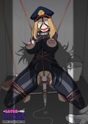 1girls 2d argrim ball_gag blonde_hair bodysuit bondage bound breast_cutout breasts camie_utsushimi defeated_heroine feet female female_only gag gagged gimp_suit hat highres himiko_toga imminent_rape indoors kneeling large_breasts latex my_hero_academia nipples peril restrained rope scared shadow shiketsu_high_school_cap shoes_removed solo spread_legs squatting text tied_up tiptoes toes torn_bodysuit torn_clothes url vibrator watermark wide-eyed