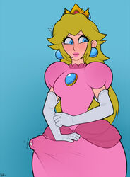 1futa blue_background blush bulge color cum cum_through_clothes cumming_through_clothing dickgirl dress elbow_gloves erection erection_under_clothes futa_only futanari gloves huge_penis human intersex intersex_only mario_(series) nintendo penis penis_under_clothes pink_dress precum princess_peach r4 simple_background solo standing