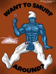 1boy abs balls blue_skin dripping_precum erection feet flower foreskin glans holding_flower holding_object humanoid male male_only muscular partially_retracted_foreskin penis question smurf solo_male text the_smurfs tongue_out topless topless_male uncircumcised uncut vanity_smurf watermark