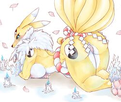 anthro ass big_breasts blue_eyes blush breasts digimon digimon_(species) female fur hi_res kyubimon mammal multi_tail nude pussy solo yellow_fur