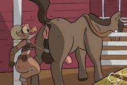 anatomically_correct anatomically_correct_anus animal_genitalia animal_penis anthro anthro_on_feral anus ass balls biped bondage bottomless bound clothed clothing cuffs_(disambiguation) equine equine_anus equine_penis female feral half-erect hay hay_bale hi_res horse horsecock kobold male mammal partially_clothed penis piko_(simplifypm) raised_tail restrained straight zadirtybish zoophilia