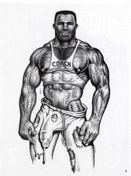 1boy athletic bara black_and_white bulge coach cum cum_string dark-skinned_male dripping erect_nipple exposed_nipples facial_hair hairy half-erect human looking_at_viewer male male_only muscle muscular partially_clothed penis_under_clothes ripped_clothing shirt_up solo sweat the_hun tight_clothing veiny_muscles vpl