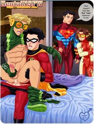 4boys abs anal anal_penetration anal_sex around_ankles ass bart_allen batman_(series) bed bedroom black_hair blonde_hair bottomless brown_hair bulge cape conner_kent costume crossed_arms cum_in_ass dc dc_comics dialogue erect_nipple erection exposed_nipple eyewear fingerless_gloves gay gloves holding_penis impulse inertia jaytee kon-el legs_held_open lifting long_hair male male/male male_only mask masturbating_while_penetrated masturbation mouth_open multiple_boys muscle orgasm_face orgasm_from_anal pants_around_one_leg pants_down pecs penetration penis red_robin robin_(dc) robin_(tim_drake) sex shirt_up sitting_on_penis speech_balloon spread_legs superboy superboy_(conner_kent) superhero teen_titans text thaddeus_thawne tim_drake uncensored voyeur walk-in watching yaoi young_justice