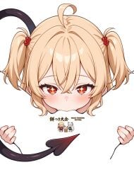ai_generated artist_request blonde_female blonde_hair character_request cunnilingus demon_tail looking_at_viewer meme red_eyes