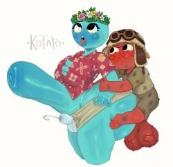 2d 2futas 2girls ahegao balls blue_body blush blushing breast_squeeze breasts bulge clothed clothedsex cock flower_in_hair flowers futa futanari hat kotaro_(artist) peak_(videogame) red_body sex skirt smug smug_face stomach_bulge through_clothes tongue_out veins videogame