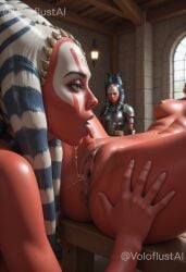 2girls after_cunnilingus ai_generated anus armor artist_name ass breasts brown_eyes clitoris clone_wars facial_mark female female_only indoors lips looking_at_another medium_breasts multiple_girls nipples nude open_mouth oral pussy pussy_juice saliva shaak_ti sitting spread_legs star_wars togruta tongue tongue_out uncensored voloflustai window yuri