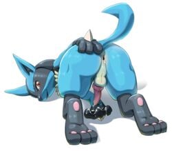 1boy 2018 anthro anus ass blue_fur canine cum cum_in_ass cum_in_hand cum_inside fur furry hand_on_butt looking_at_viewer looking_back lucario male male_only mammal nintendo pawpads penis perineum pokemon pokemon_(species) pokemon_dppt presenting red_eyes rocrocot simple_background smile solo testicles thick_thighs video_games