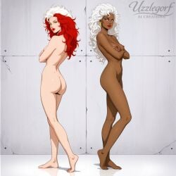 2girls ai_generated anna_marie arms arms_crossed arms_crossed_under_breasts ass back_to_back bare_arms bare_ass bare_back bare_breasts bare_calves bare_chest bare_feet bare_hips bare_legs bare_midriff bare_shoulders bare_thighs barefoot blue_eyes breasts bubble_butt butt calves dark-skinned_female dark_skin earrings feet female female_focus female_only green_eyes knees legs light-skinned_female light_skin lightning_bolt_earrings long_hair looking_at_viewer marvel marvel_comics naked naked_female navel no_clothes nude nude_female nudity ororo_munroe pose posing posing_for_the_viewer posing_naked posing_nude red_hair red_lipstick rogue_(x-men) sexy sexy_body sexy_female sexy_pose shoulders simple_background standing storm_(x-men) thighs two-tone_hair uzzlegorf watermark white_hair x-men x-men:_the_animated_series