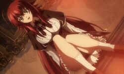 10s 1girl ahoge anime anime_screencap anime_screenshot big_breasts black_panties blue_eyes breasts cameltoe covered_erect_nipples female_focus female_only high_school_dxd highres kuoh_academy_school_uniform large_breasts long_hair nipples_visible_through_clothing open_mouth panties red_hair red_hair_female rias_gremory school_uniform screencap screenshot sitting skirt smile solo stitched third-party_edit underwear upskirt